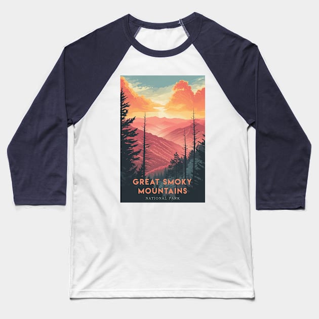 Great Smoky Mountains national park travel poster Baseball T-Shirt by GreenMary Design